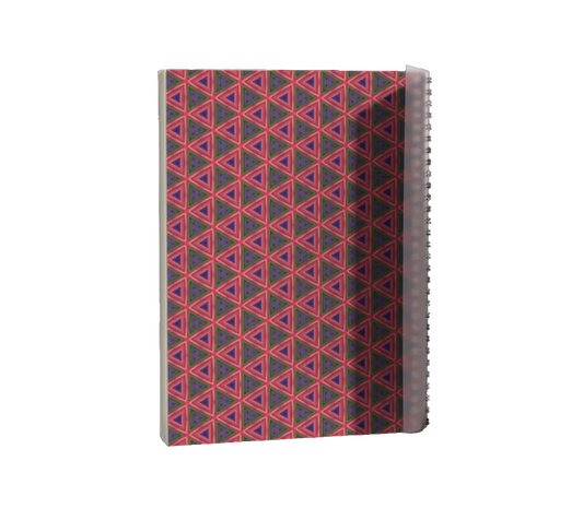 Notebook with a red and black geometric pattern on a white background
