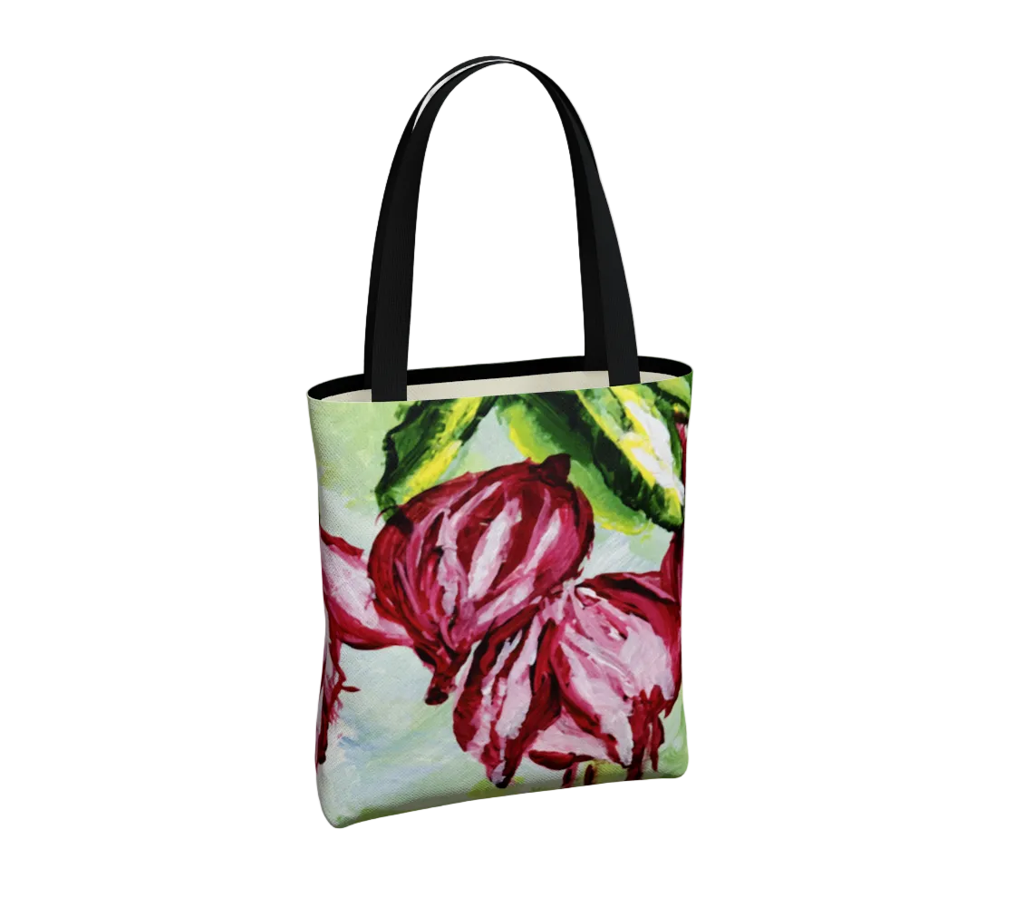 Tote bag with floral design on a light gray background