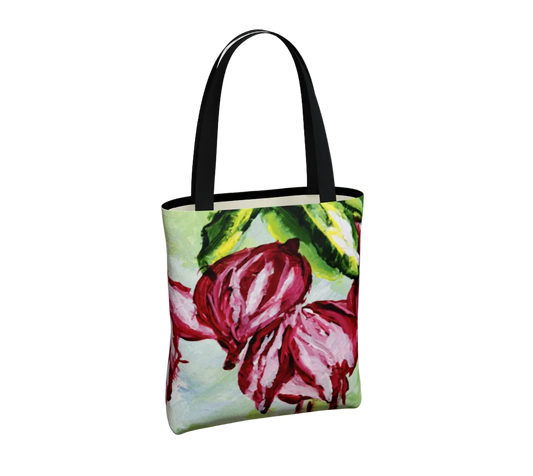 Tote bag with floral design on a light gray background