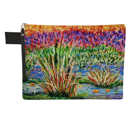 Pouch with a colorful nature-themed design on a white background