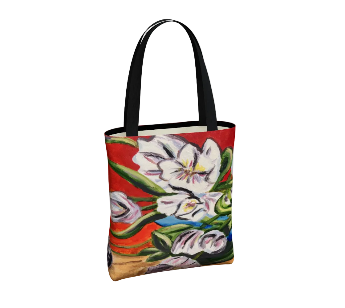 Tote bag with floral design on a white background
