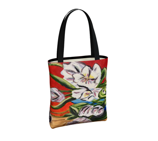 Tote bag with floral design on a white background