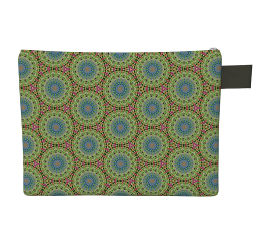 Pouch with a colorful geometric pattern on a white background