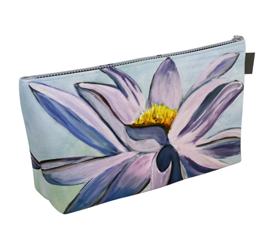 Pouch with a purple flower design on a light blue background