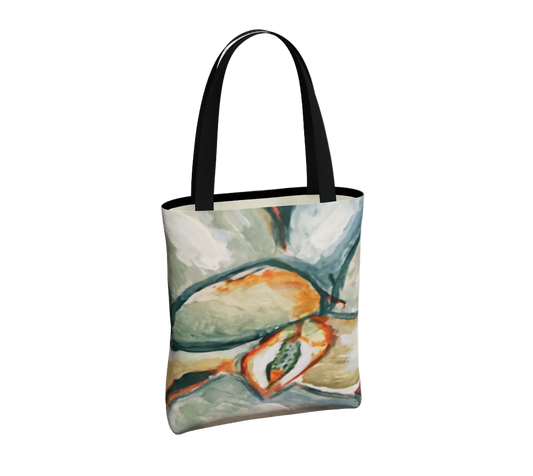 Tote bag with a design of a fish on a light gray background
