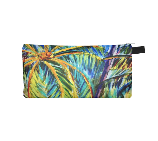 Pouch with a colorful palm leaf design on a white background