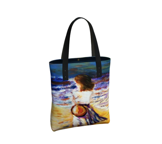 Tote bag with a painting design of a woman by the sea on a white background