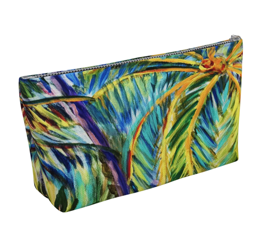 Pouch with tropical leaf design on a white background