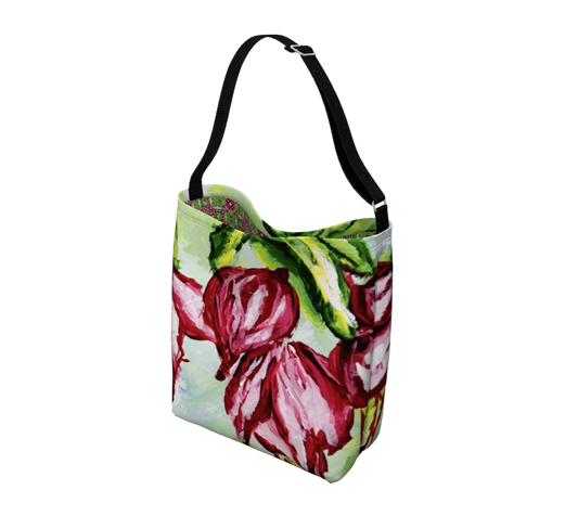 Floral patterned bag on a light gray background