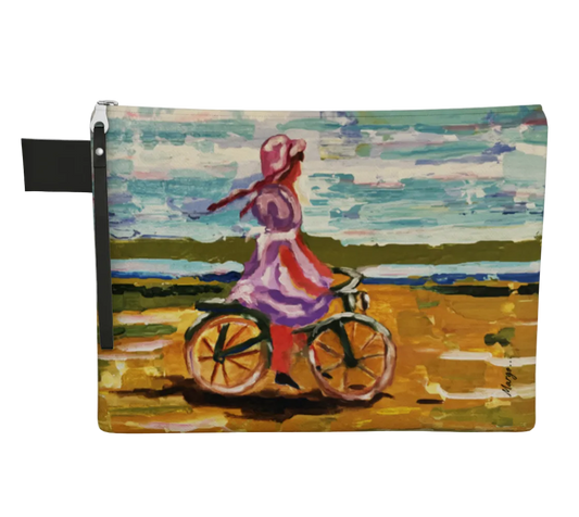 Painted pouch with a scene of a person on a bicycle, set against a colorful landscape.