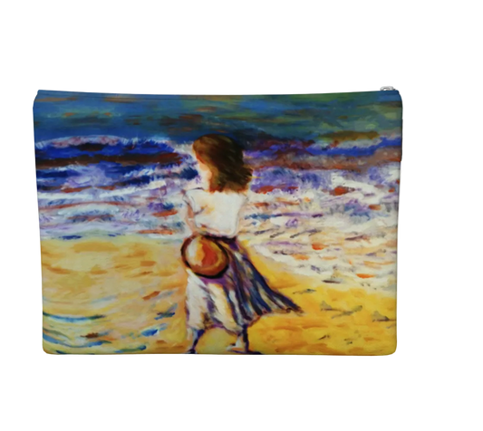Pouch with a design of a woman walking on a beach, featuring a colorful landscape.