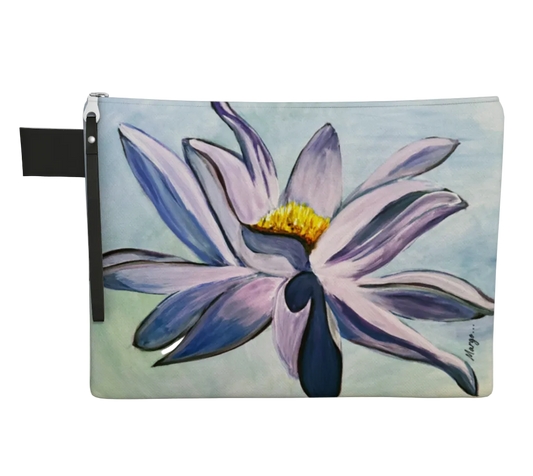 Pouch with a purple flower design on a light blue background