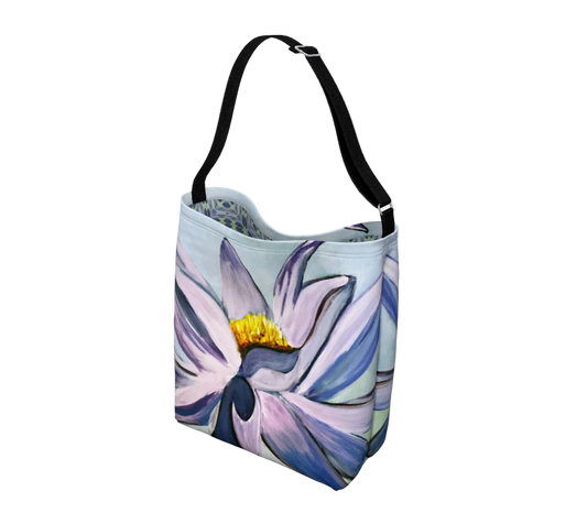 Tote bag with a floral design on a light gray background