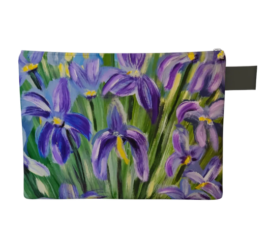 Pouch with a design of purple flowers on a white background