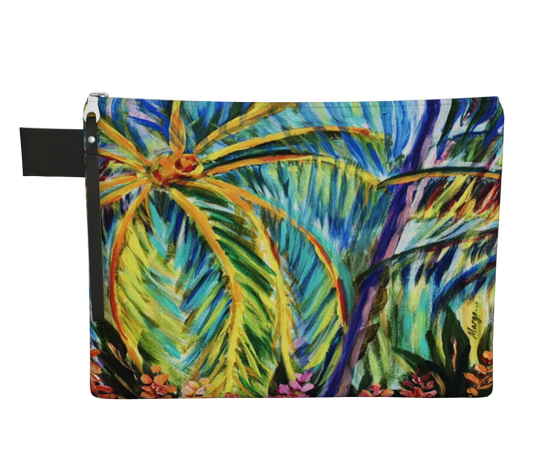 Colorful pouch with tropical leaf design on a white background