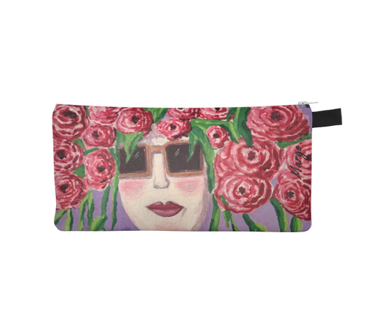 Pouch with a design of a face surrounded by pink flowers on a light purple background