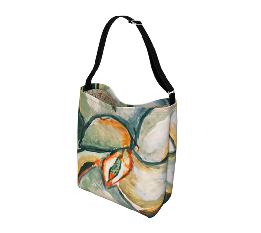 Tote bag with floral design on a light gray background