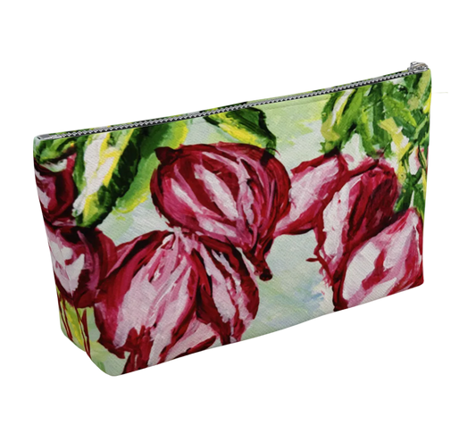 Floral patterned pouch with pink and green design on a white background