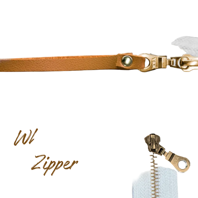 Brown pull zipper with white and brass zipper on a white background