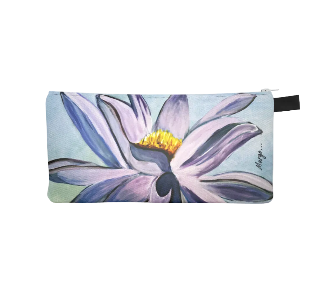 Pouch with a purple flower design on a light gray background