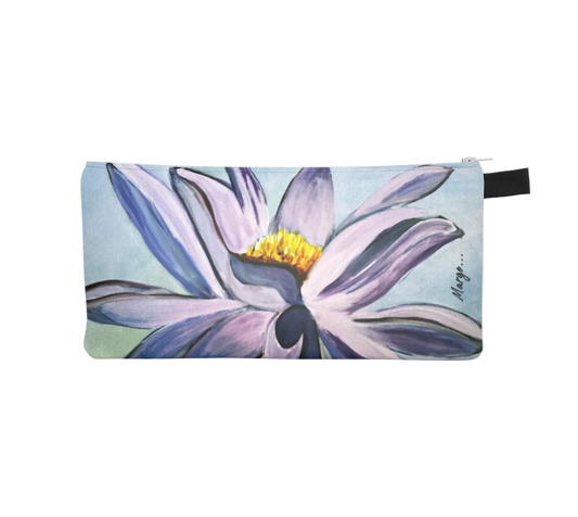 Pouch with a purple flower design on a light gray background