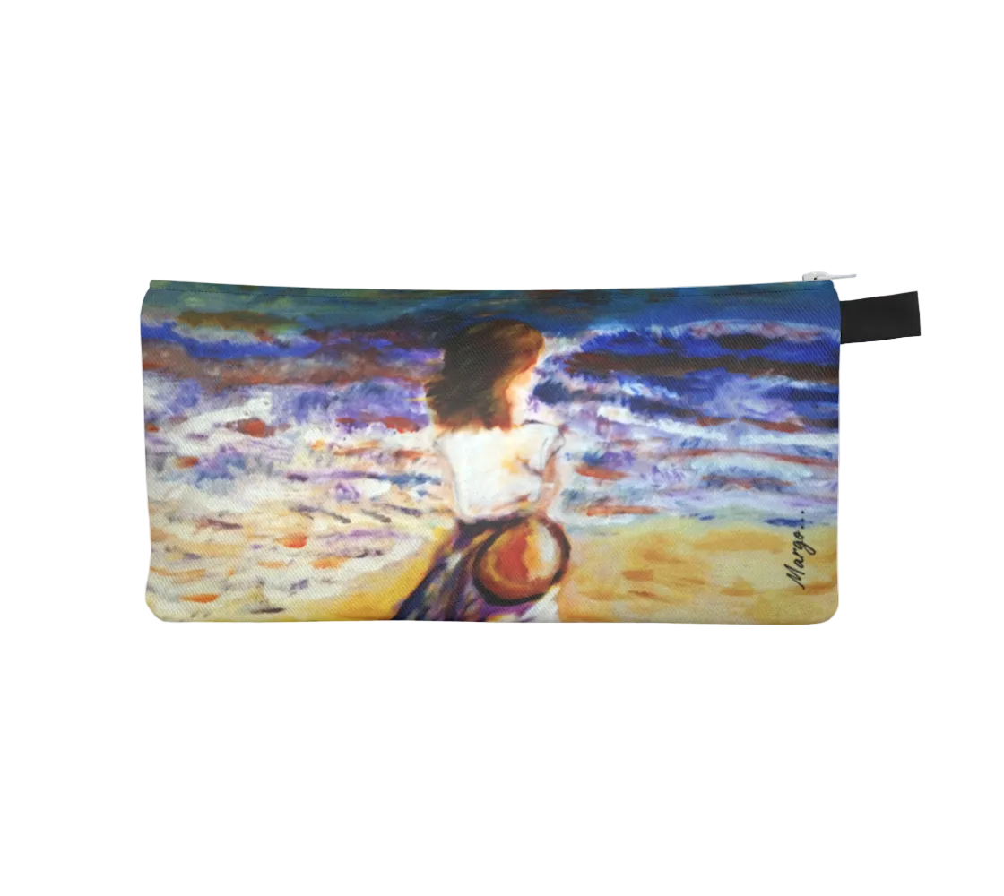 Pencil case with artistic design of a person by a body of water on a white background