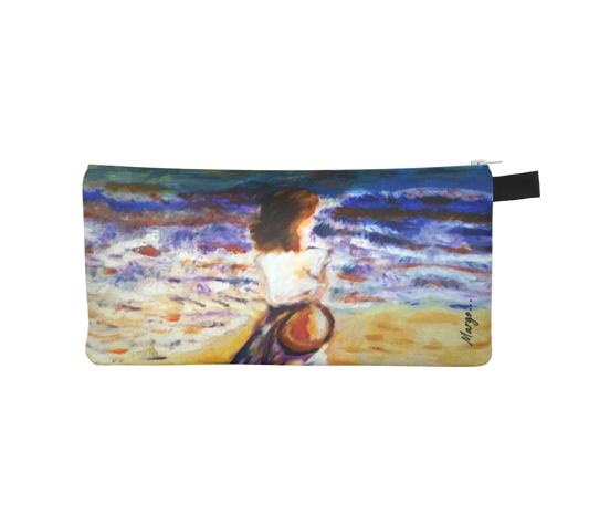 Pencil case with artistic design of a person by a body of water on a white background