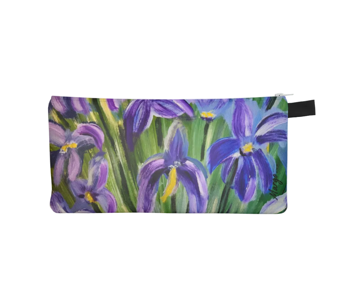 Pouch with purple flower design on a white background