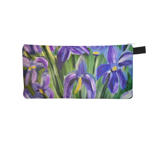 Pouch with purple flower design on a white background