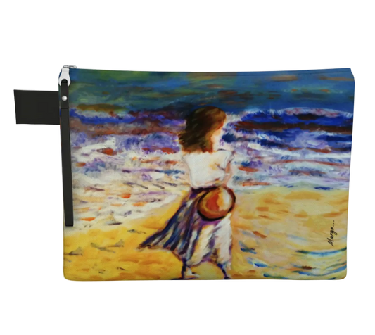 Pouch with a painting of a woman on a beach design