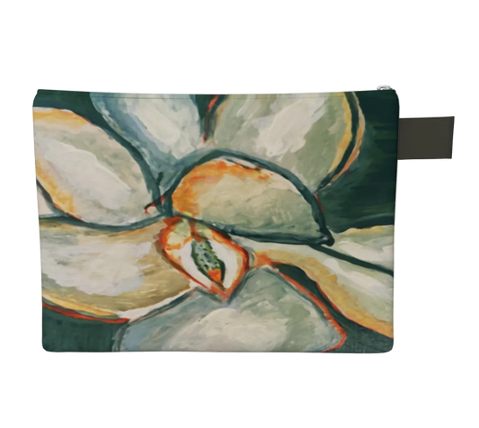 Pouch with floral design on a gray background