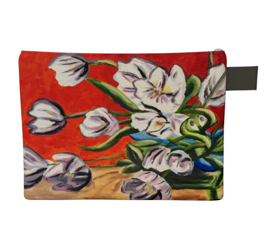 Pouch with floral design on a red background