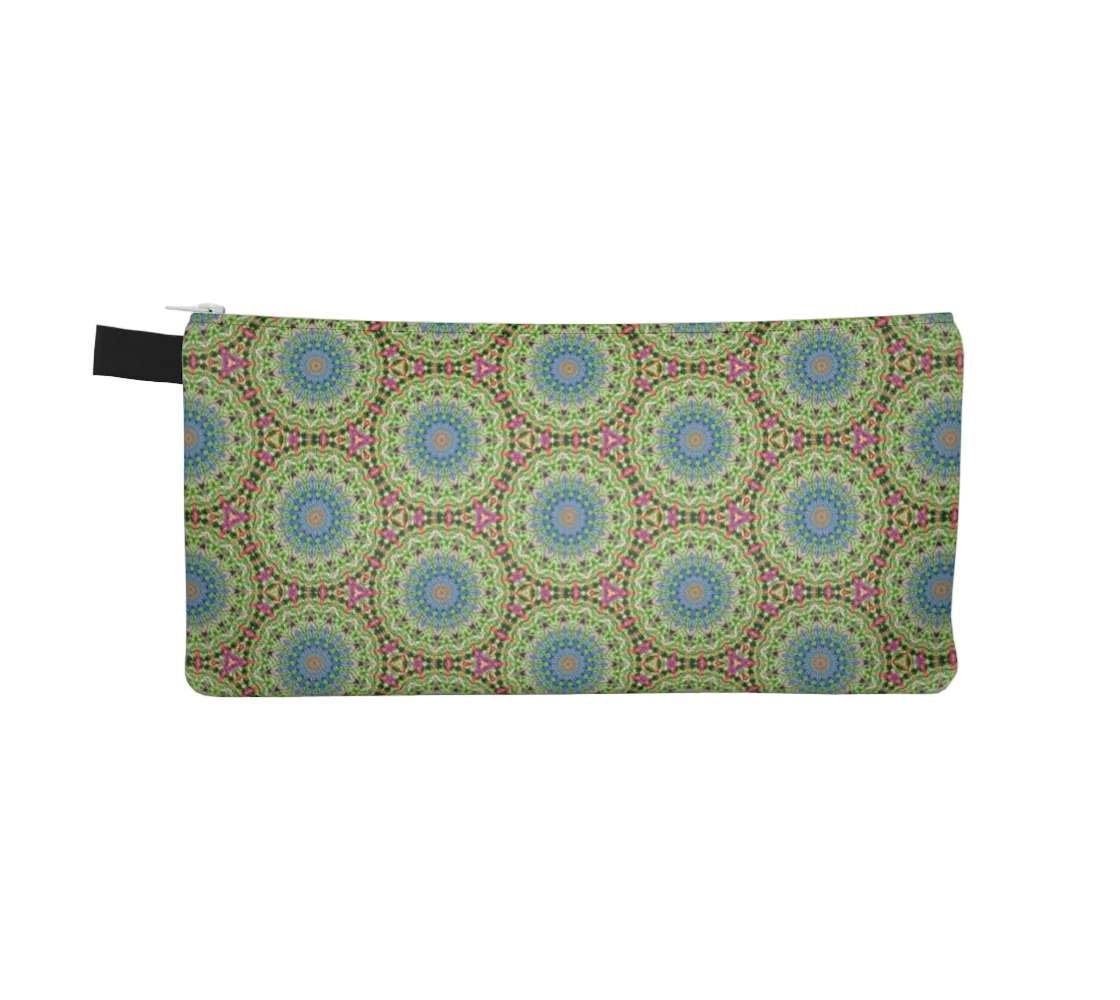 Pencil case with a green and blue geometric pattern on a white background