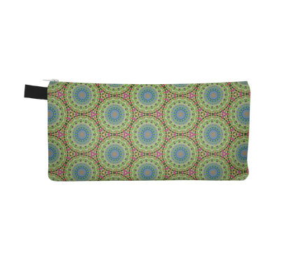 Pencil case with a green and blue geometric pattern on a white background