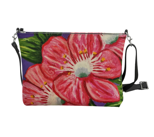 Floral-patterned bag with pink flowers on a white background